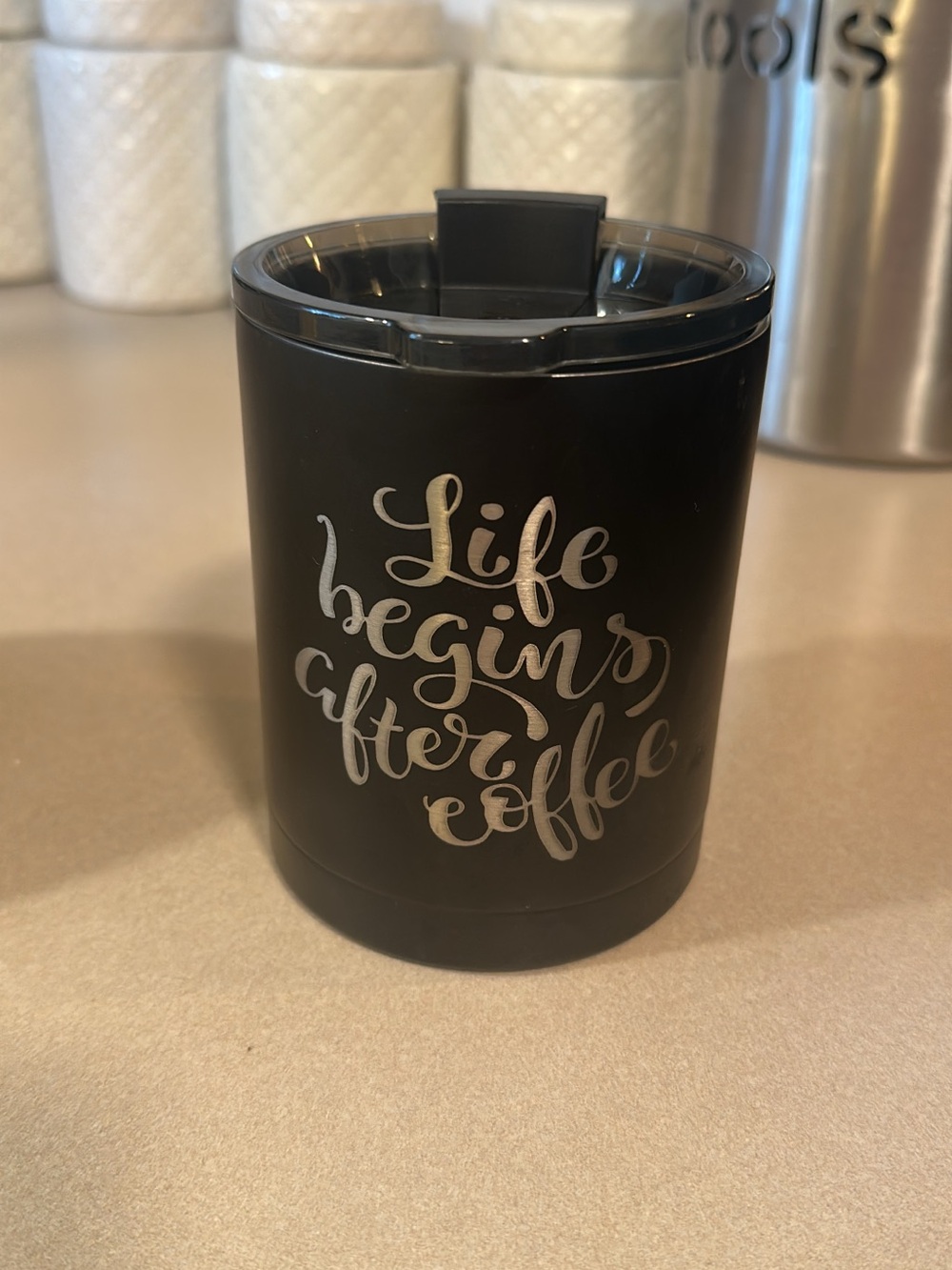 Insulated Black Travel Coffee Tumbler - "Life Begins After Coffee"